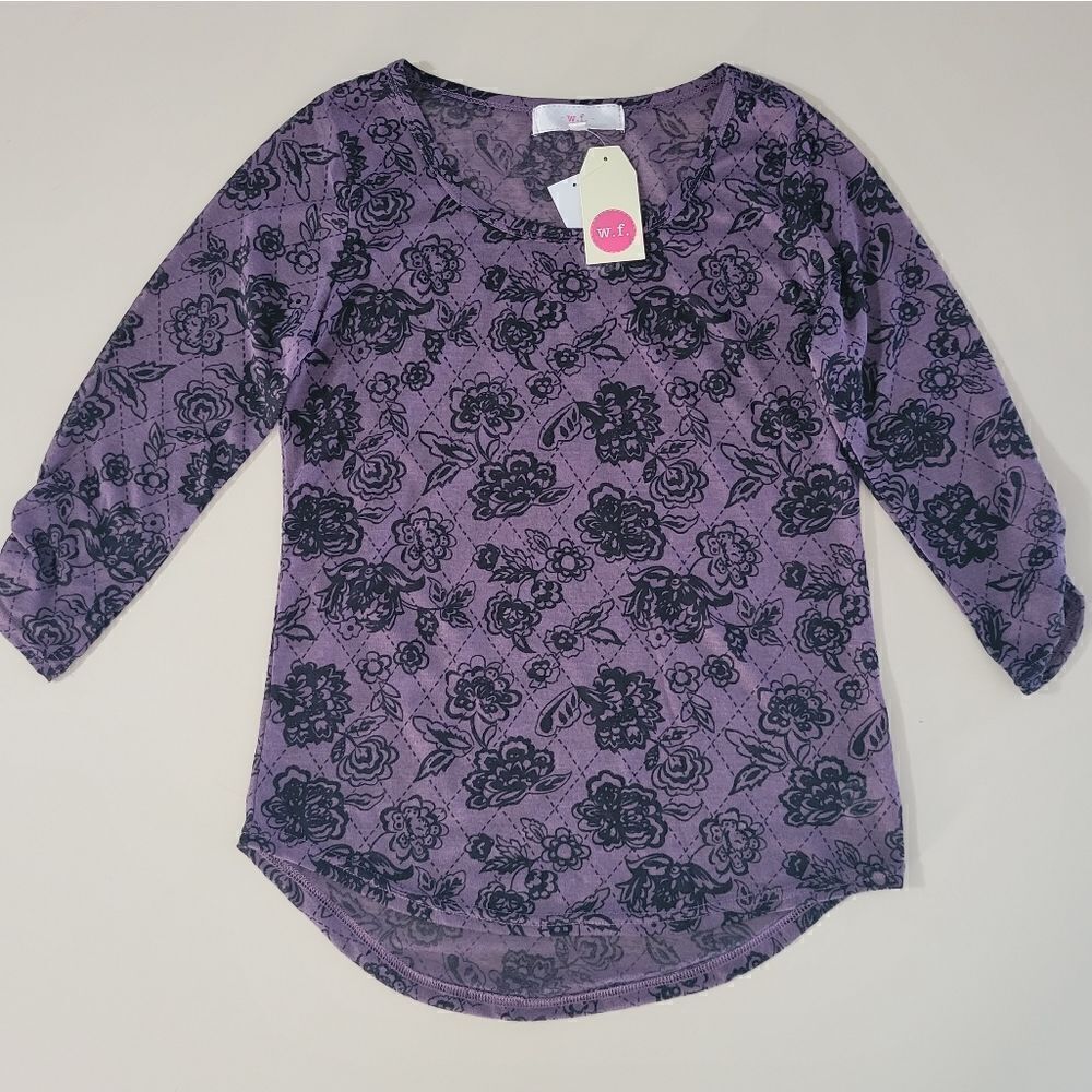 WallflowerJunior's Semi-sheer Purple with Black Floral Print Scoop-neck Pullover